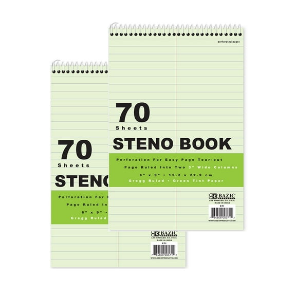 BAZIC Perforated Writing Pad, 80 Sheets 6"x9" Green Tint Gregg Ruled Steno Book, 2-Pack