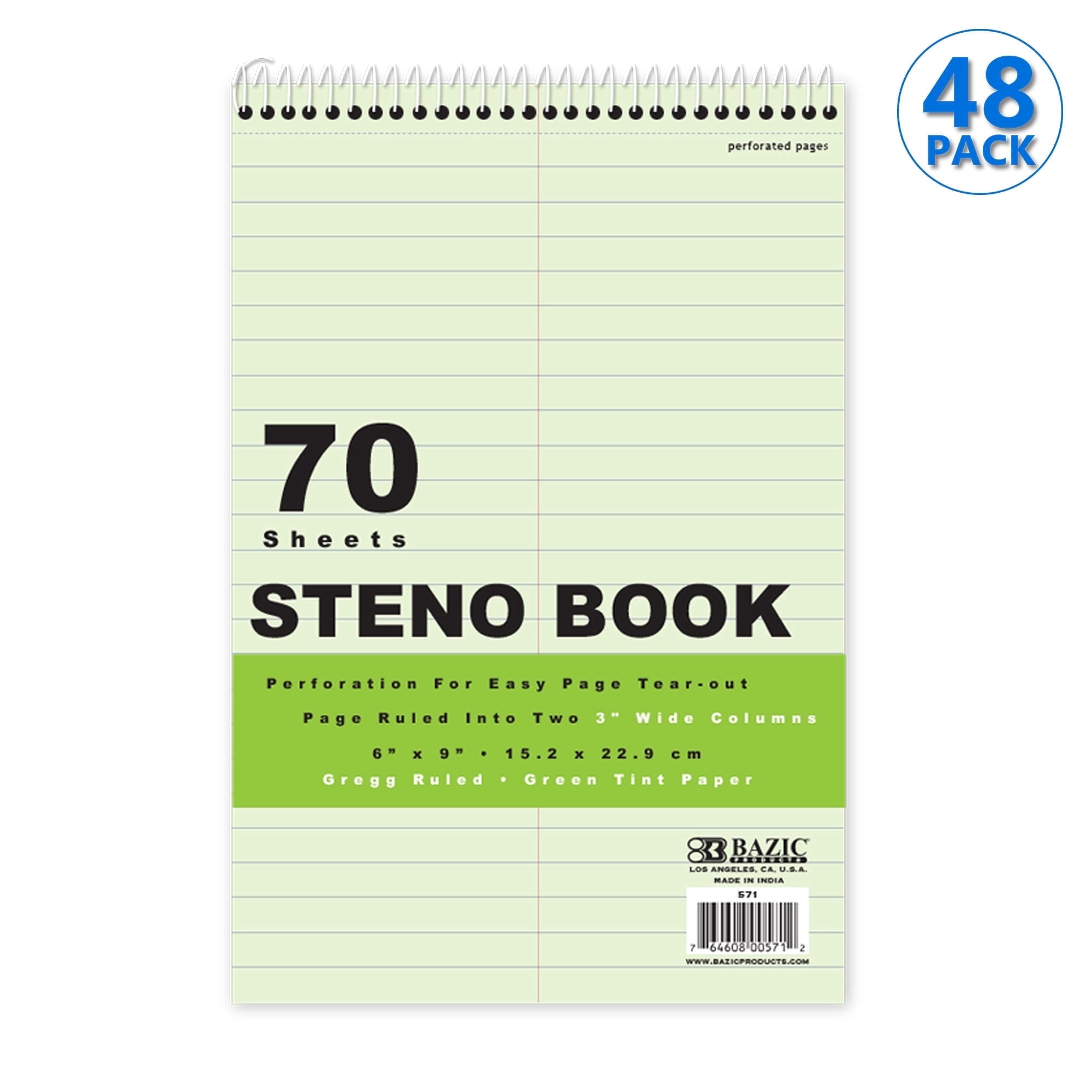 BAZIC Perforated Writing Pad, 80 Sheets 6"x9" Green Tint Gregg Ruled Steno Book, 48-Pack