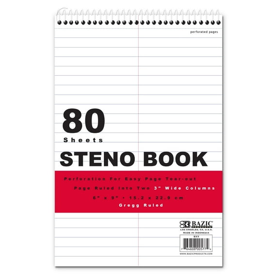 BAZIC Perforated Writing Pad, 80 Sheets 6"x9" White Gregg Ruled Steno Book, 1-Pack