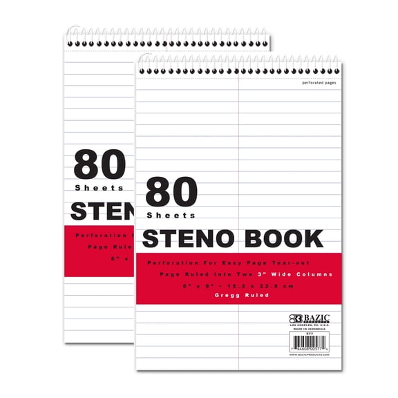 BAZIC Perforated Writing Pad, 80 Sheets 6"x9" White Gregg Ruled Steno Book, 2-Pack