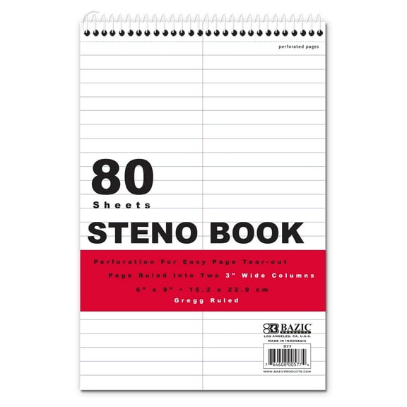 BAZIC Perforated Writing Pad, 80 Sheets 6"x9" White Gregg Ruled Steno Book, 48-Pack