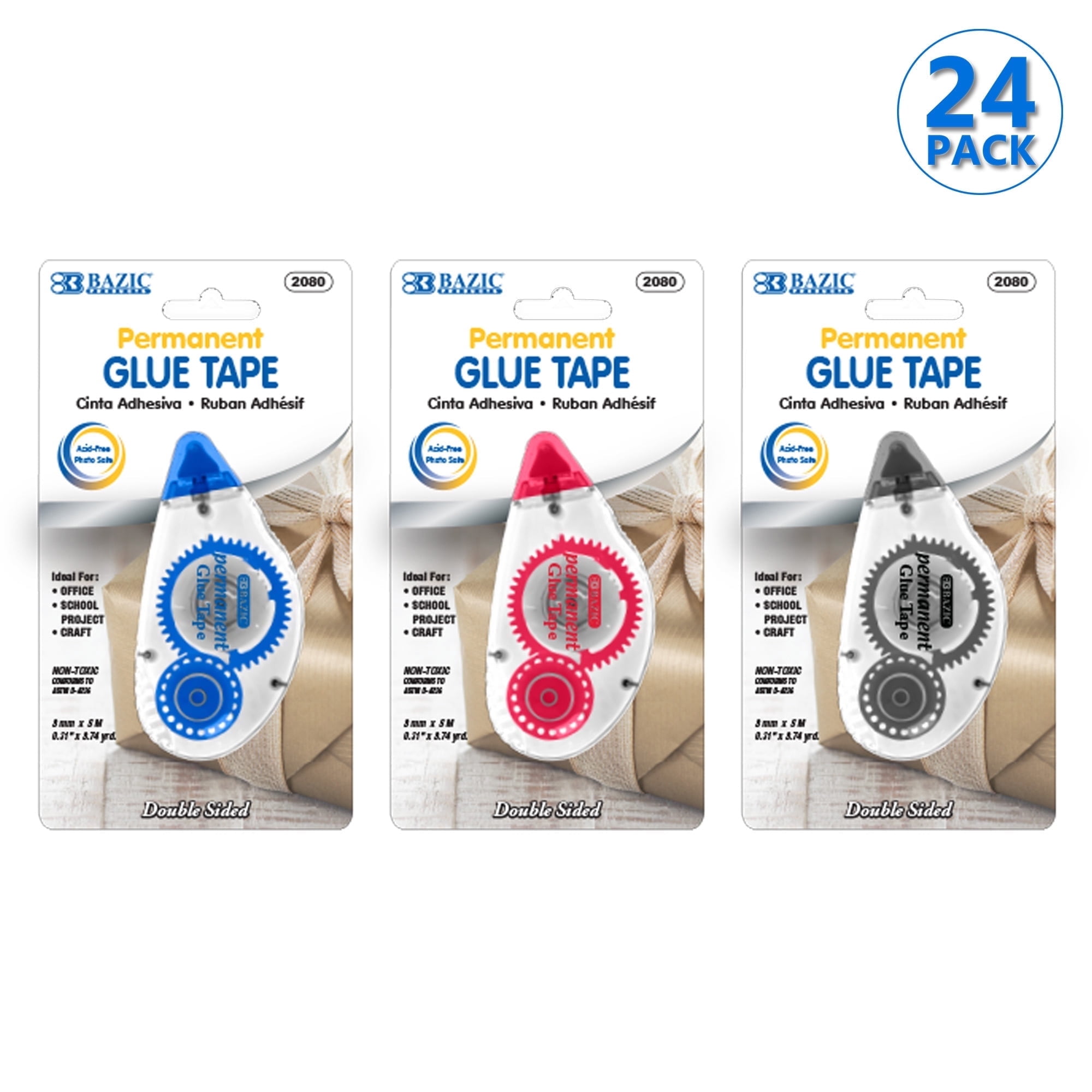 BAZIC Permanent Glue Tape 8 mm x 8.75 Yard, Double Sided Roller Tapes, 24-Pack