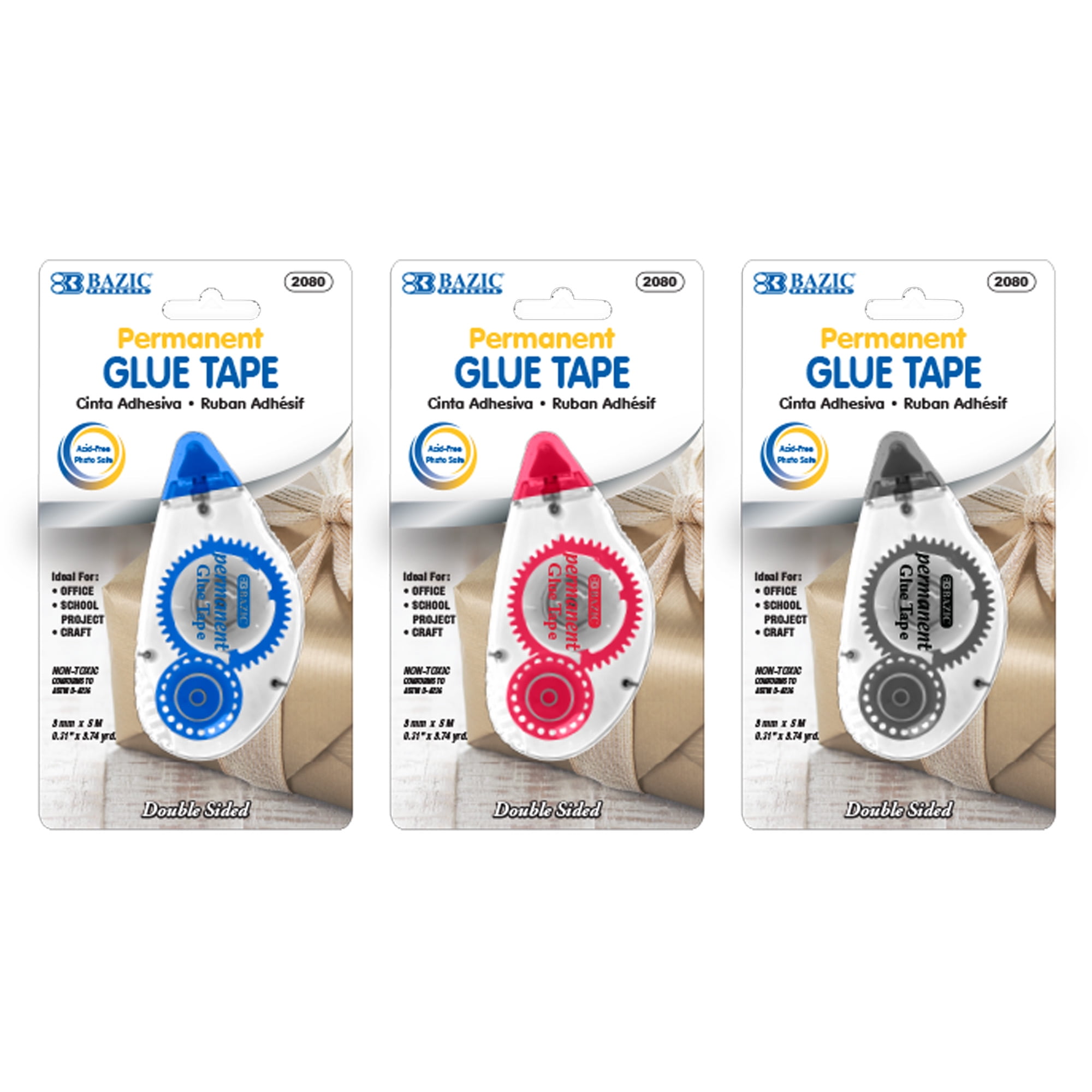 BAZIC Permanent Glue Tape 8 mm x 8.75 Yard, Double Sided Roller Tapes,  3-Pack 