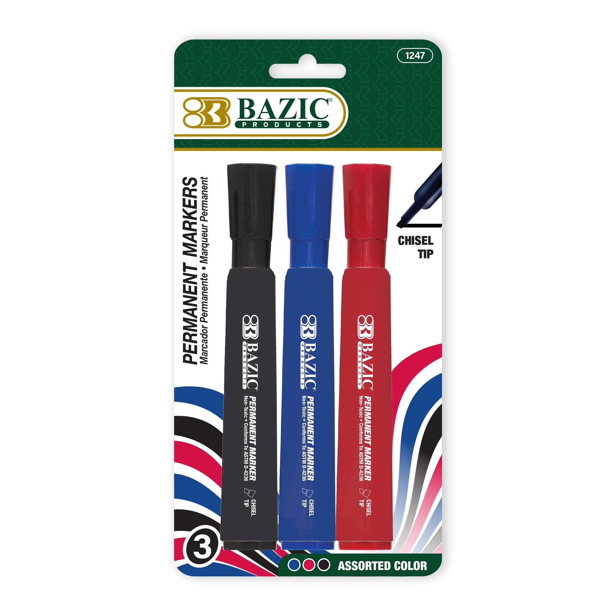 BAZIC Permanent Marker Chisel Tip, Assorted Color, (3/Pack), 24-Pack