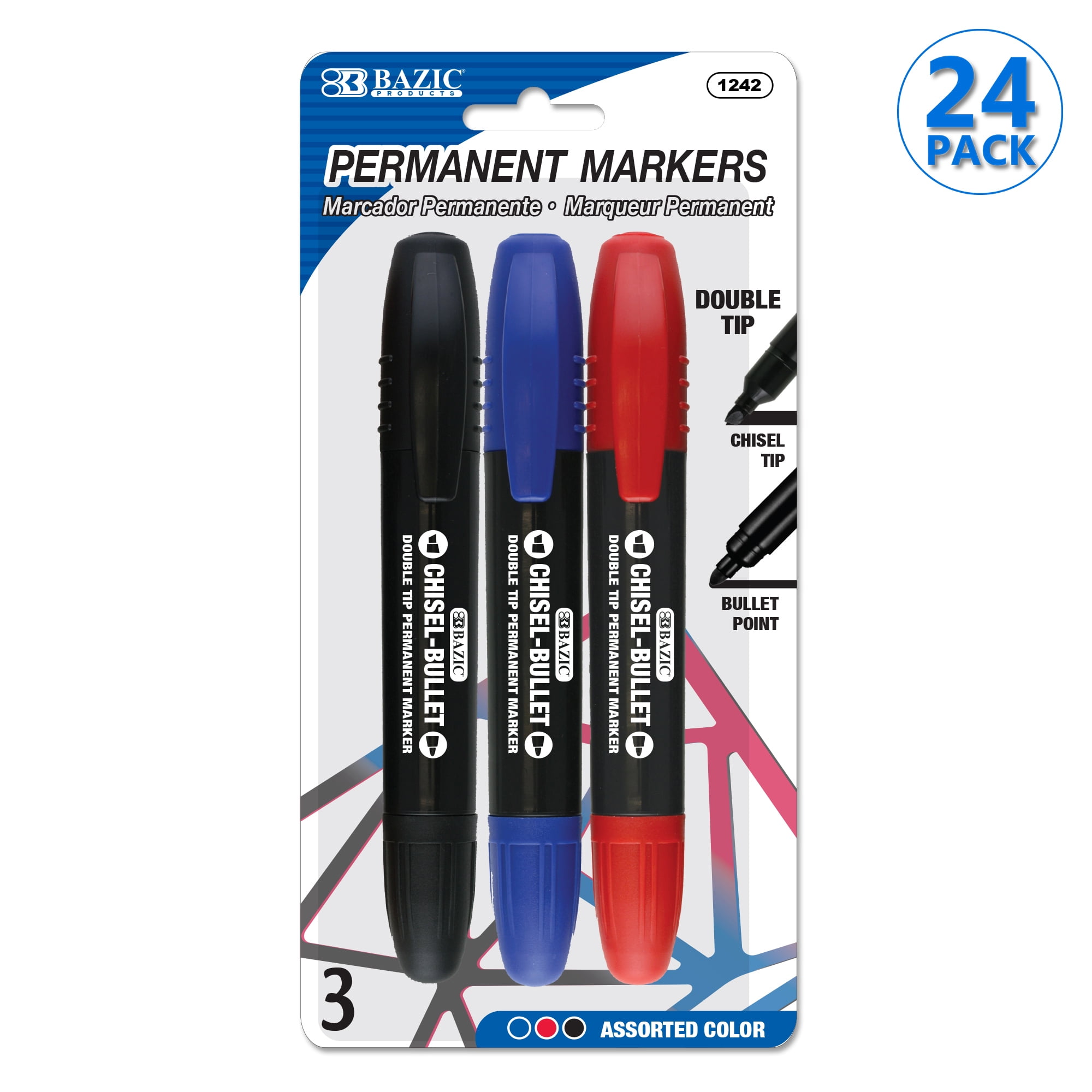 BAZIC Permanent Marker Chisel Tip, Assorted Color Markers (3/Pack), 24