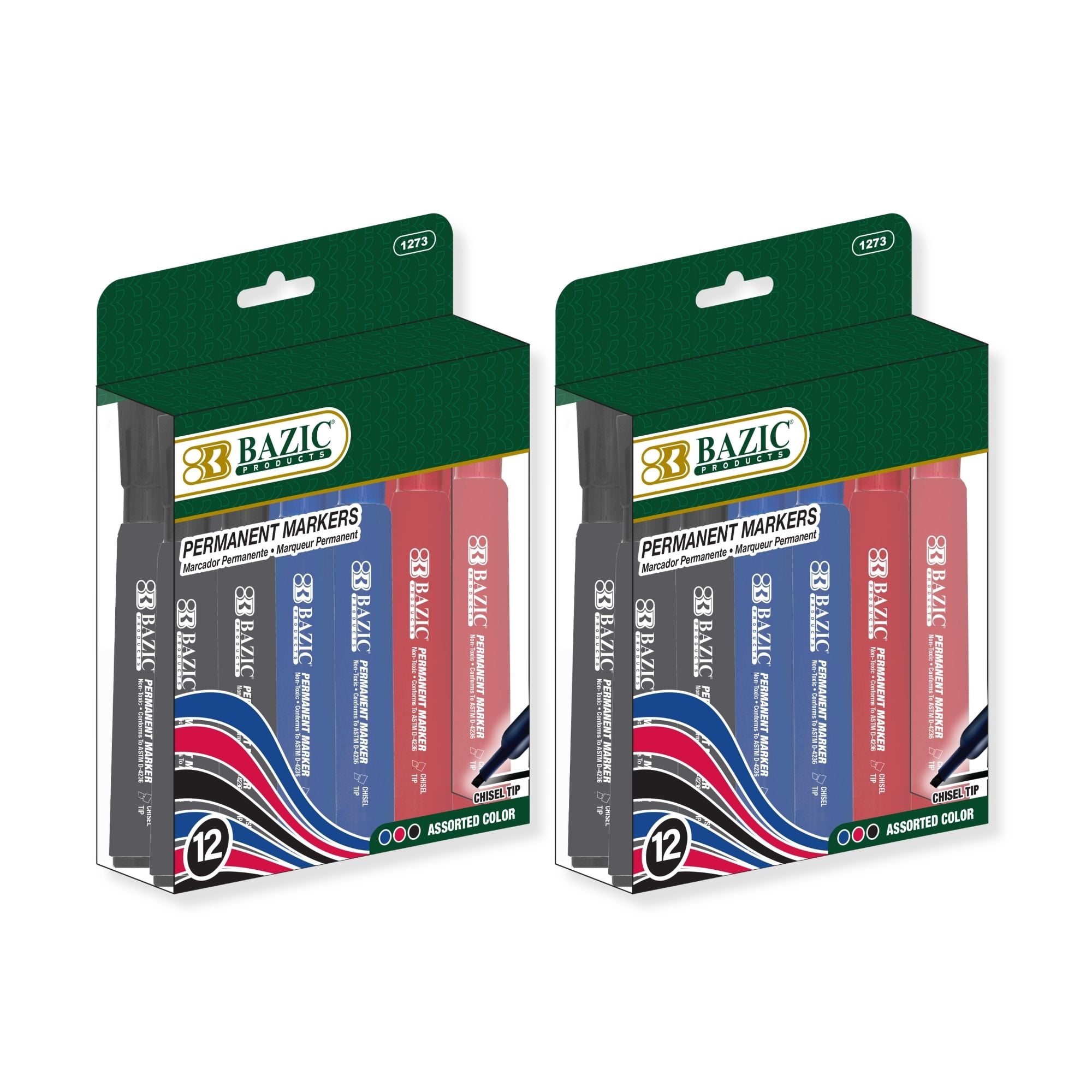 BAZIC Permanent Marker Chisel Tip, Assorted Color Markers Total 24 Count