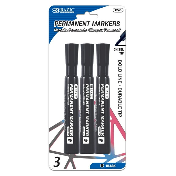 BAZIC Permanent Marker Chisel Tip, Black Color Markers, (3/Pack), 24-Packs