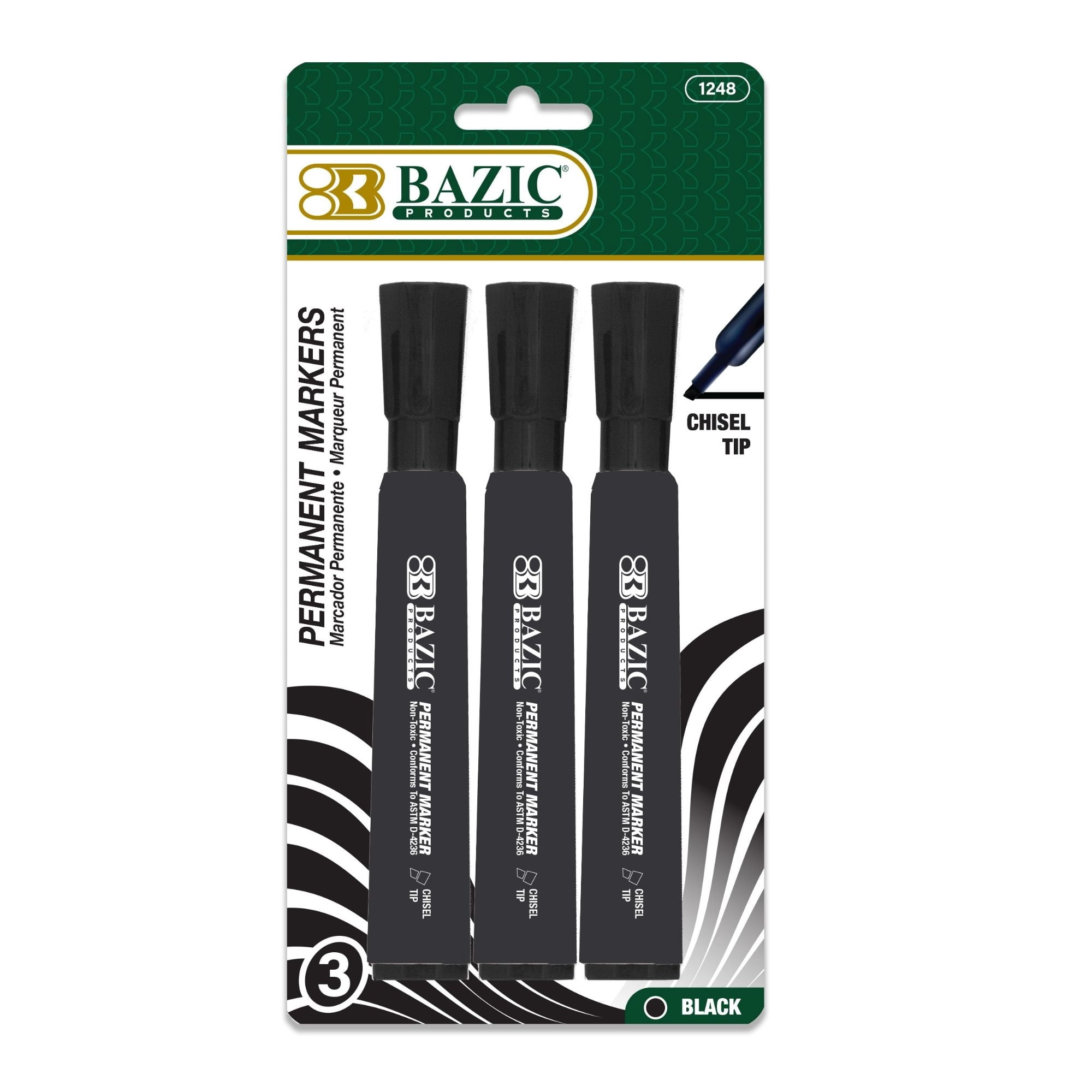 BAZIC Permanent Marker Chisel Tip, Black Color Markers, (3/Pack), 24-Packs