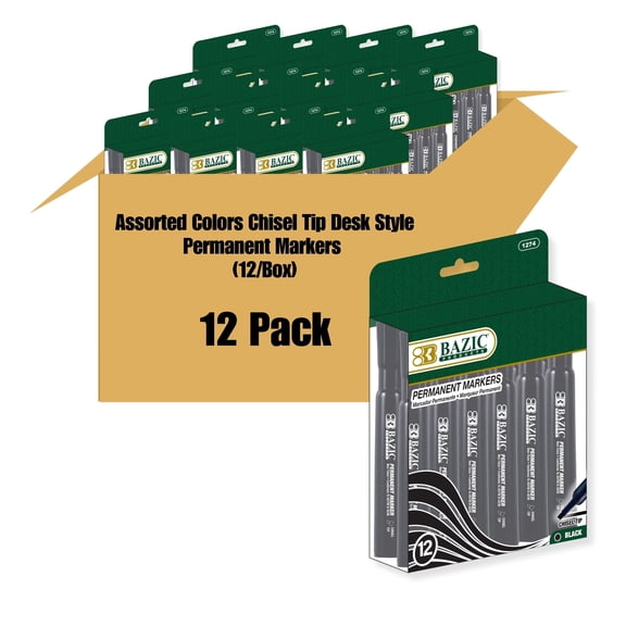 BAZIC Black Color Chisel Tip Style Permanent Marker, Total 144 Count