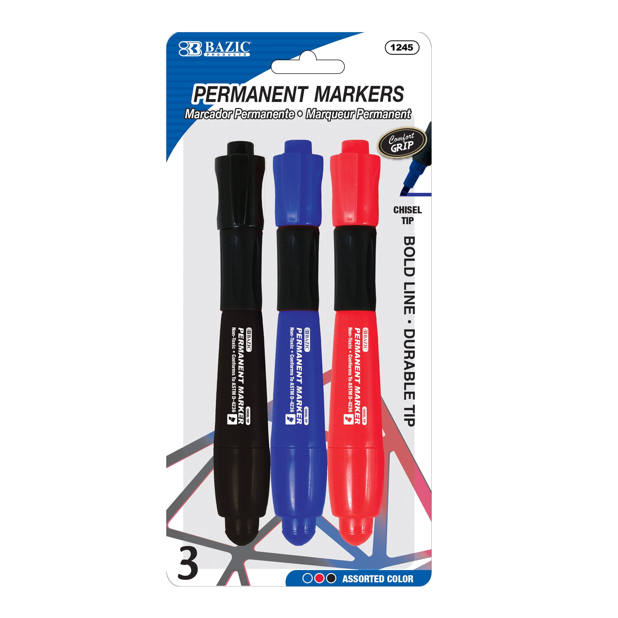 BAZIC Permanent Marker Chisel Tip, Jumbo Assorted Color Markers (3/Pack