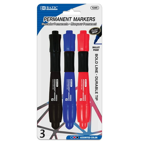 BAZIC Permanent Marker Chisel Tip, Jumbo Assorted Color Markers (3/Pack), 1-Pack
