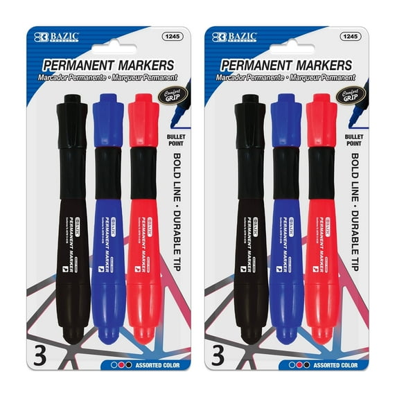 BAZIC Permanent Marker Chisel Tip, Jumbo Assorted Color Markers (3/Pack), 2-Packs