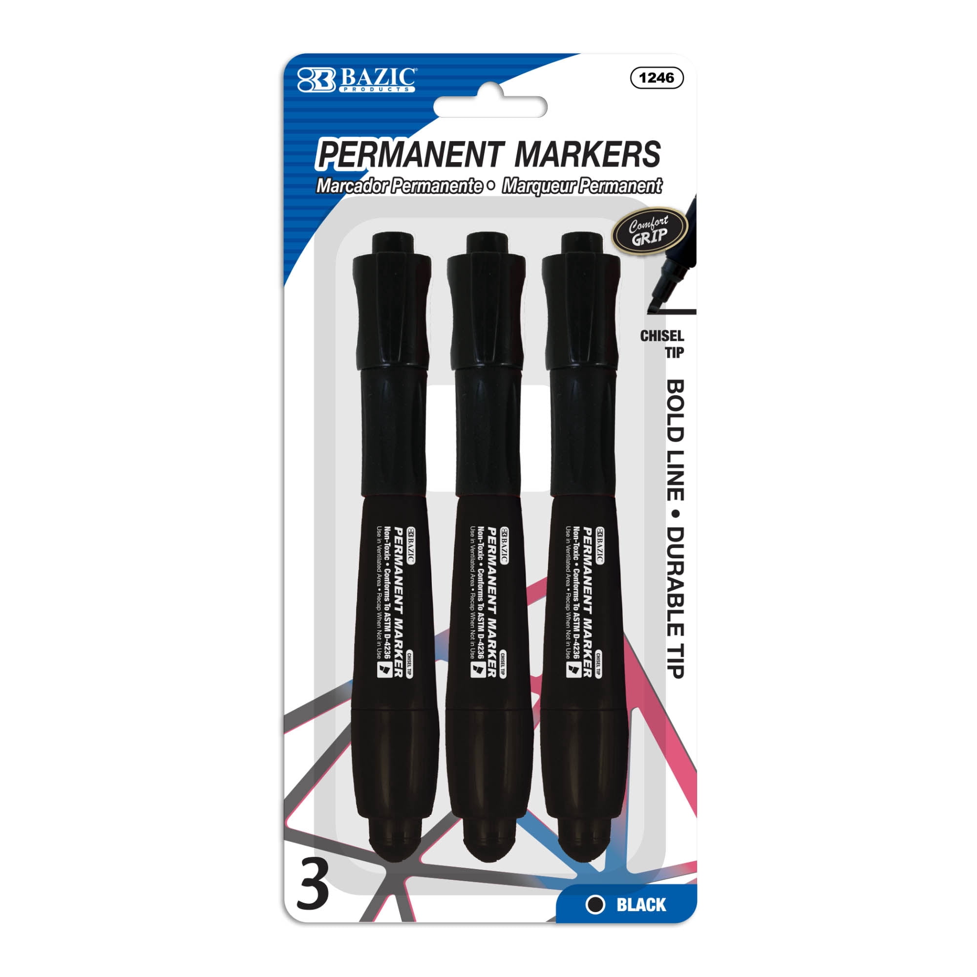 BAZIC Permanent Marker Chisel Tip, Jumbo Black Markers (3/Pack), 24-Packs