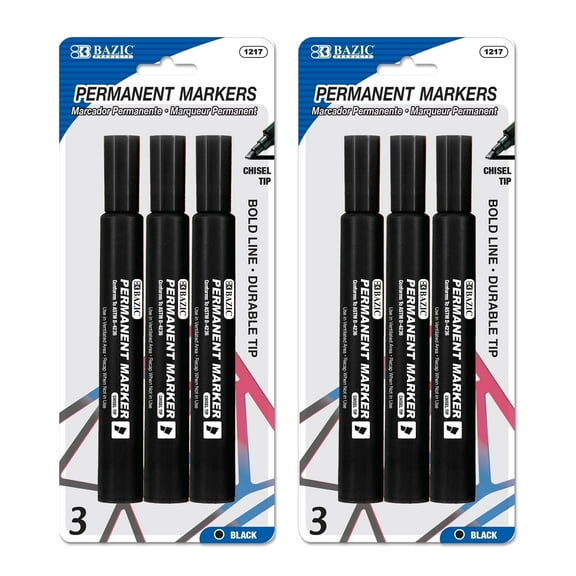 BAZIC Permanent Marker Chisel Tip, Jumbo Wide Black Color Markers (3/Pack), 2-Packs