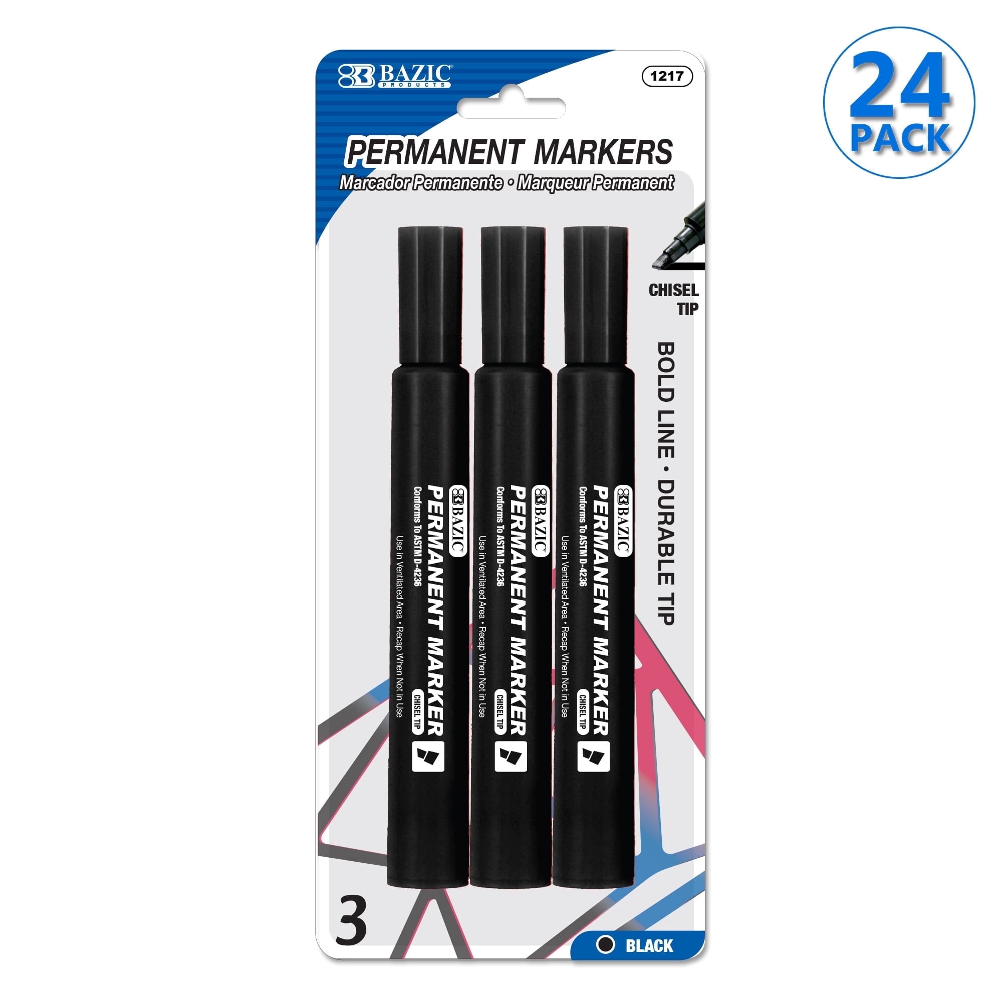 BAZIC Permanent Marker Chisel Tip, Jumbo Wide Black Markers (3/Pack), 24-Packs