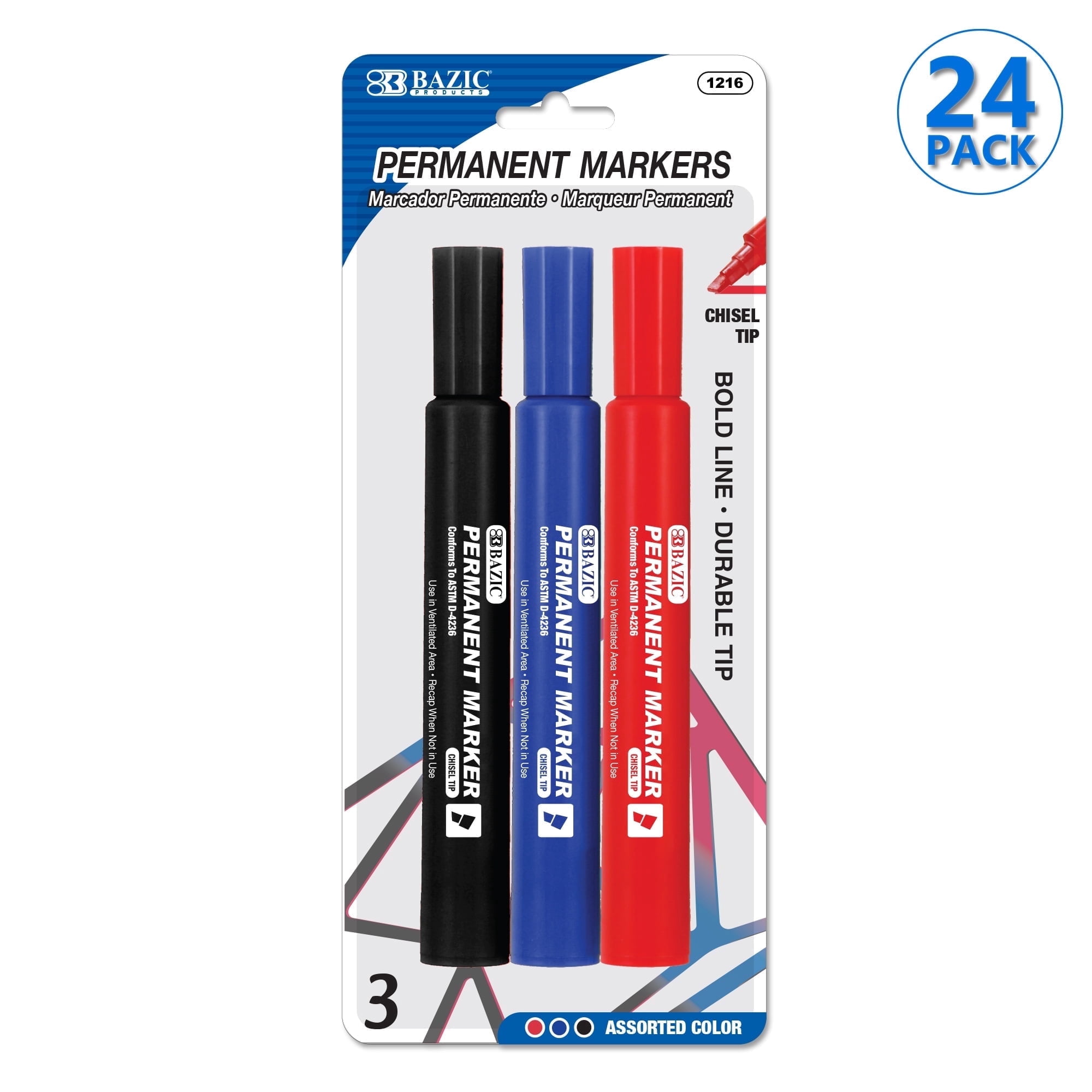 BAZIC Permanent Marker Chisel Tip, Wide Assorted Color Markers (3/Pack), 24-Pack