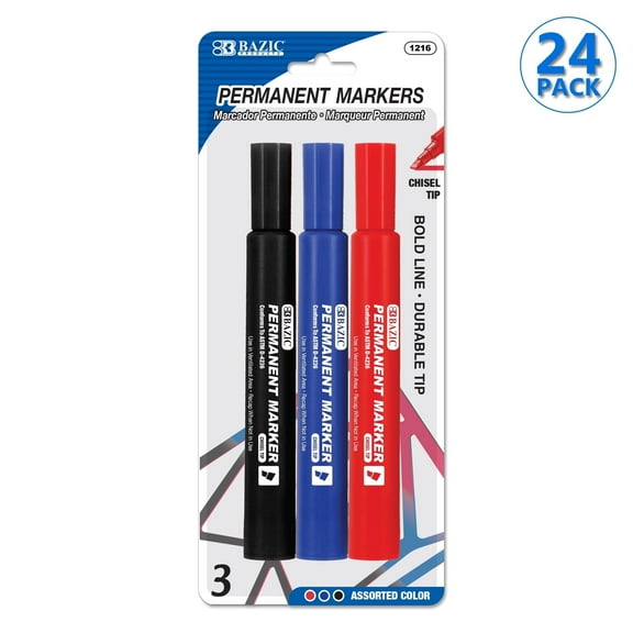 BAZIC Permanent Marker Chisel Tip, Wide Assorted Color Markers (3/Pack), 24-Pack
