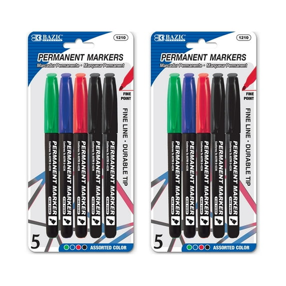 BAZIC Permanent Marker Fine Line Assorted Color Markers (5/Pack), 2-Packs