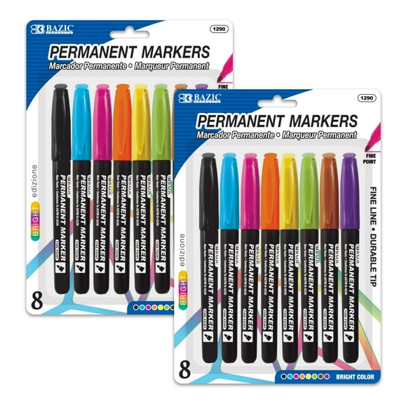 BAZIC Permanent Marker Fine Line Assorted Color Markers (8/Pack), 2-Packs