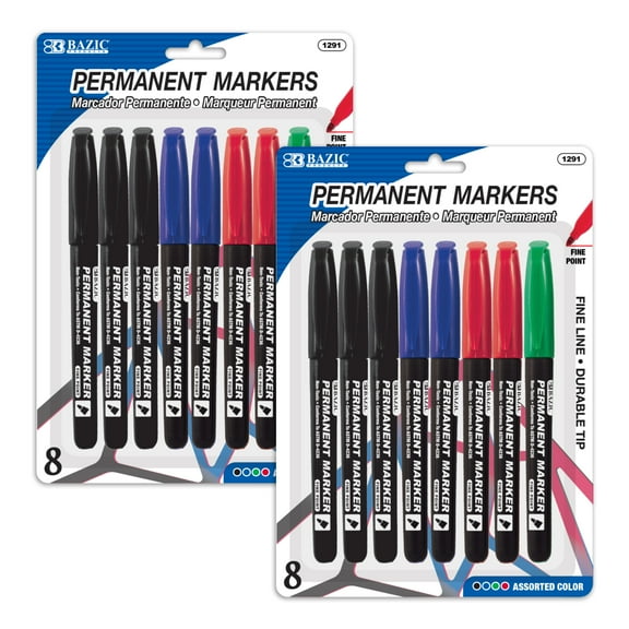 BAZIC Permanent Marker Fine Line Assorted Color Markers (8/Pack), 2-Packs