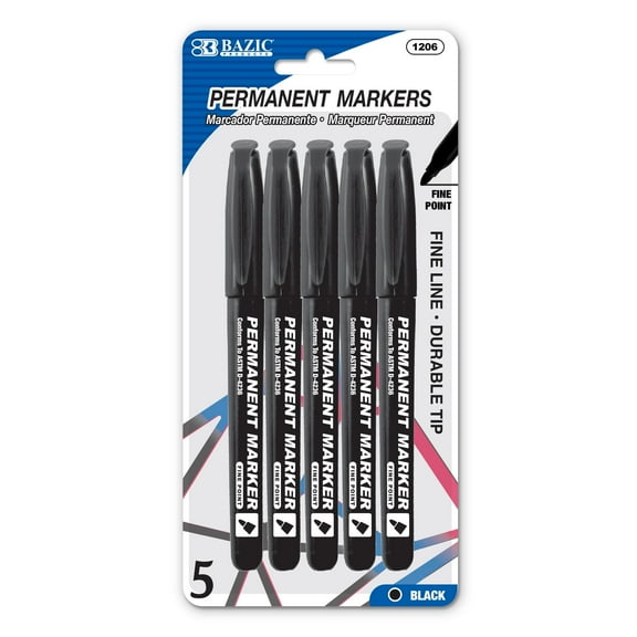 BAZIC Black Fine Tip Permanent Markers w/ Pocket Clip (5/Pack) [1206]