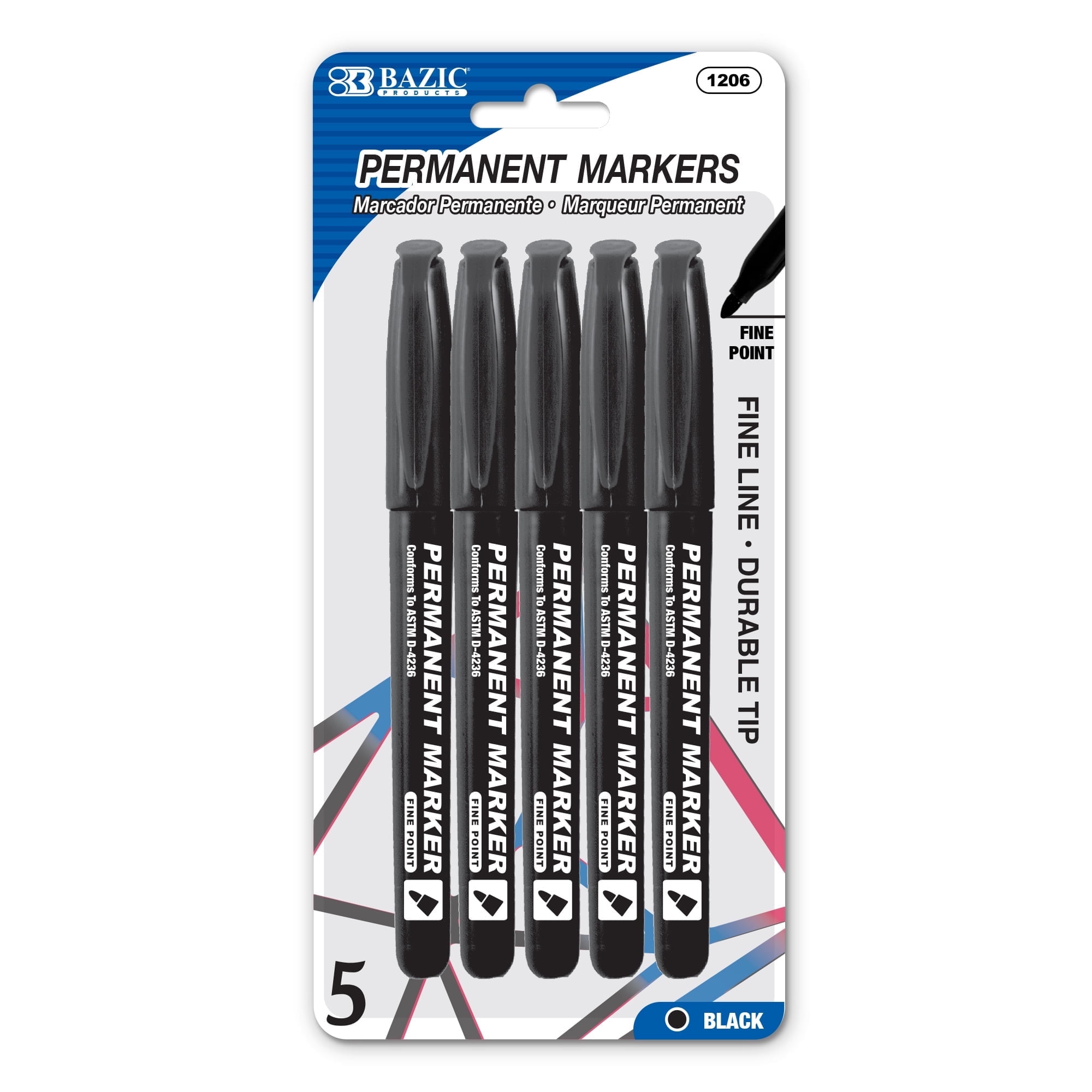 BAZIC Permanent Marker Fine Line Black Markers (5/Pack), 24-Packs