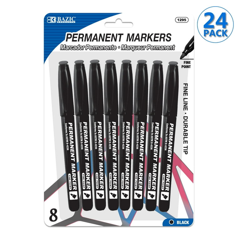 BAZIC Permanent Marker Fine Line Black Markers (8/Pack), 24-Packs