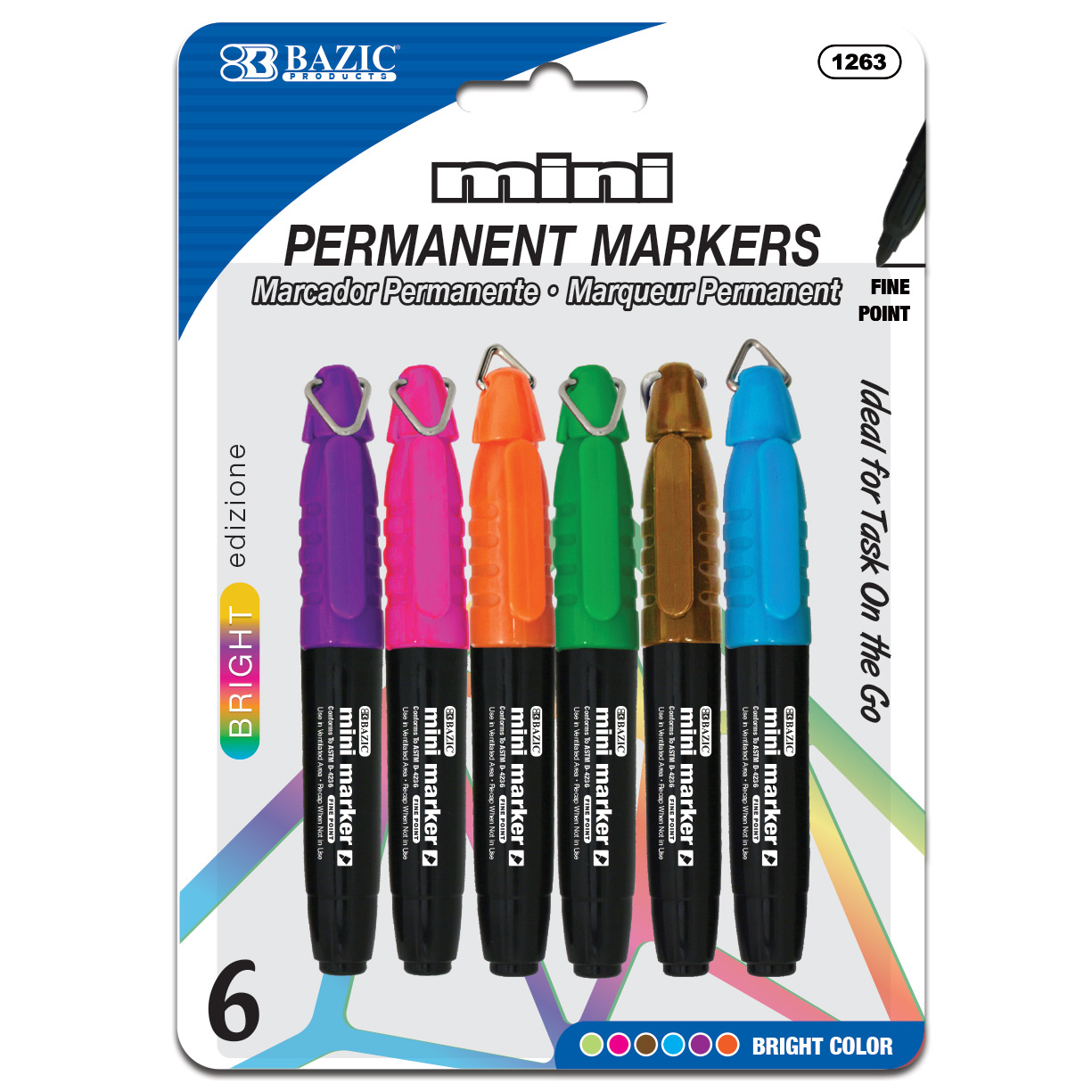 BAZIC Permanent Marker Fine Line, Mini Assorted Color Markers (5/Pack