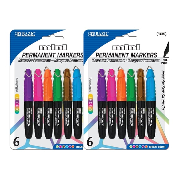 BAZIC Permanent Marker Fine Line, Mini Assorted Color Markers (5/Pack), 2-Packs