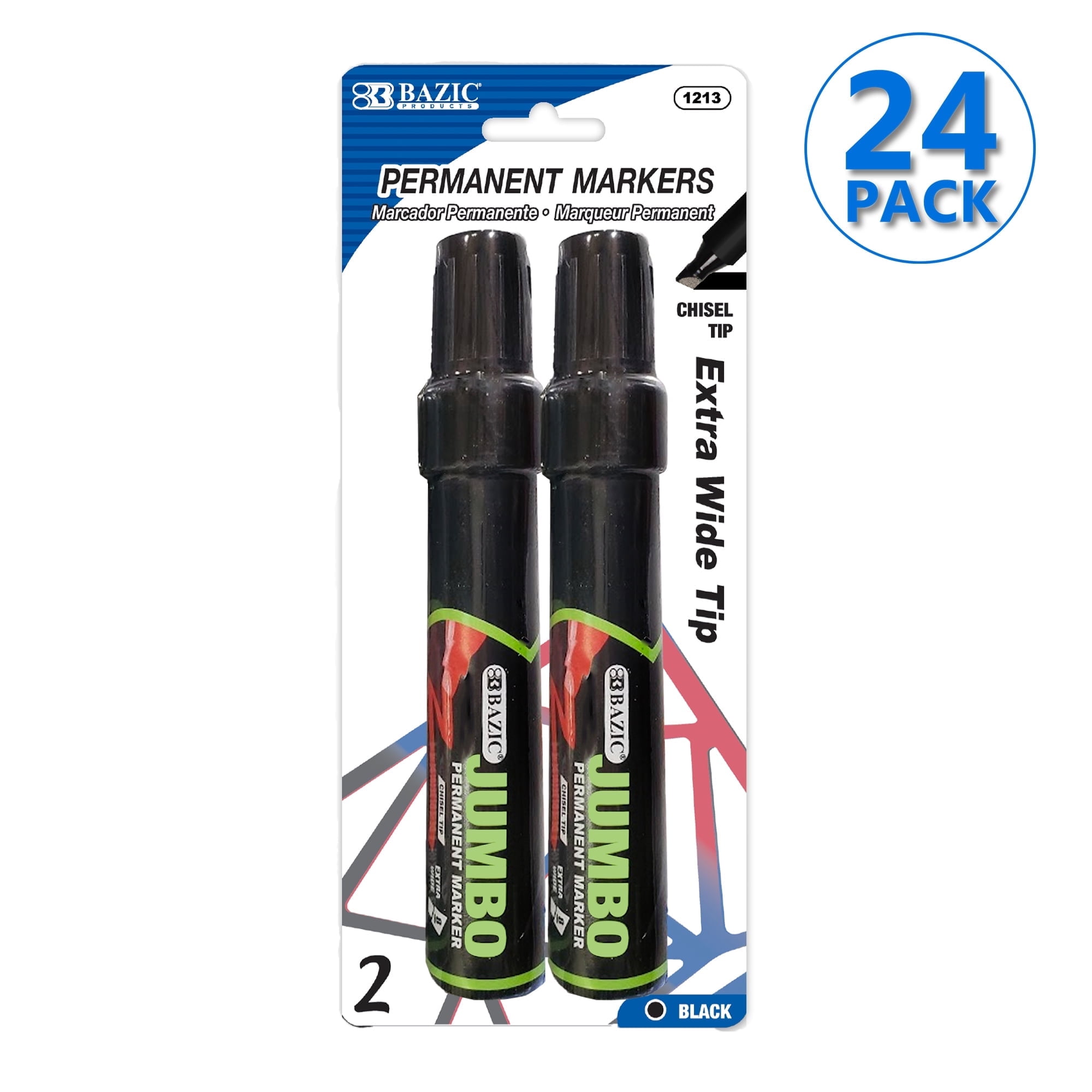 BAZIC Permanent Marker Jumbo Chisel Tip 8mm Black Markers (2/Pack), 24-Packs