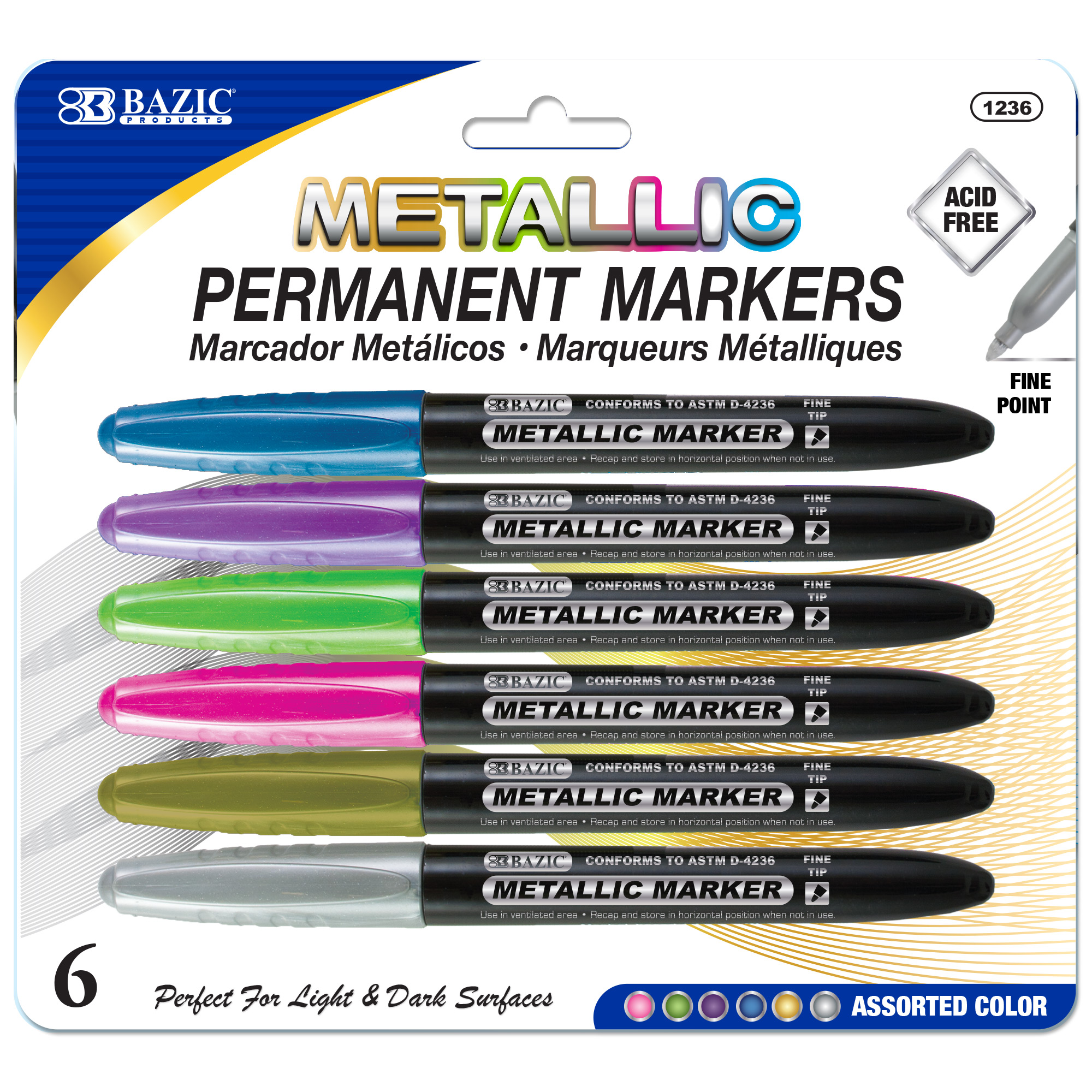 BAZIC Permanent Markers Metallic 6 Color, Fine Line Glitter (6/Pack), 1