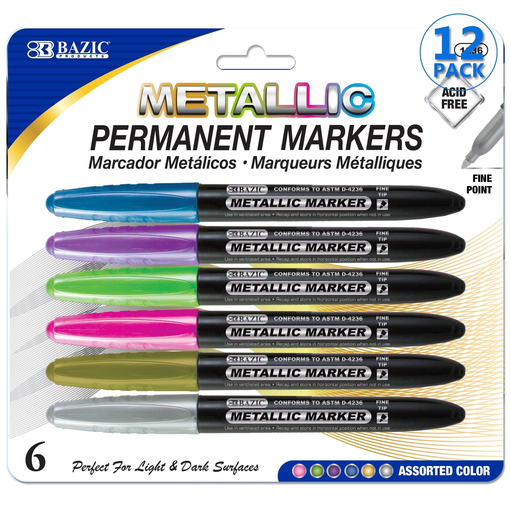 BAZIC Permanent Markers Metallic 6 Color, Fine Line Glitter (6/Pack), 12-Pack