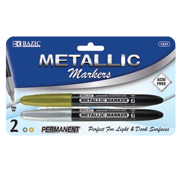 BAZIC Permanent Markers Metallic Silver Gold, Fine Line (2/Pack), 1-Pack