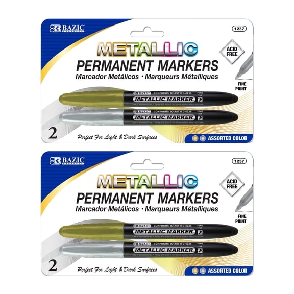 BAZIC Permanent Markers Metallic Silver Gold, Fine Line (2/Pack), 2-Packs