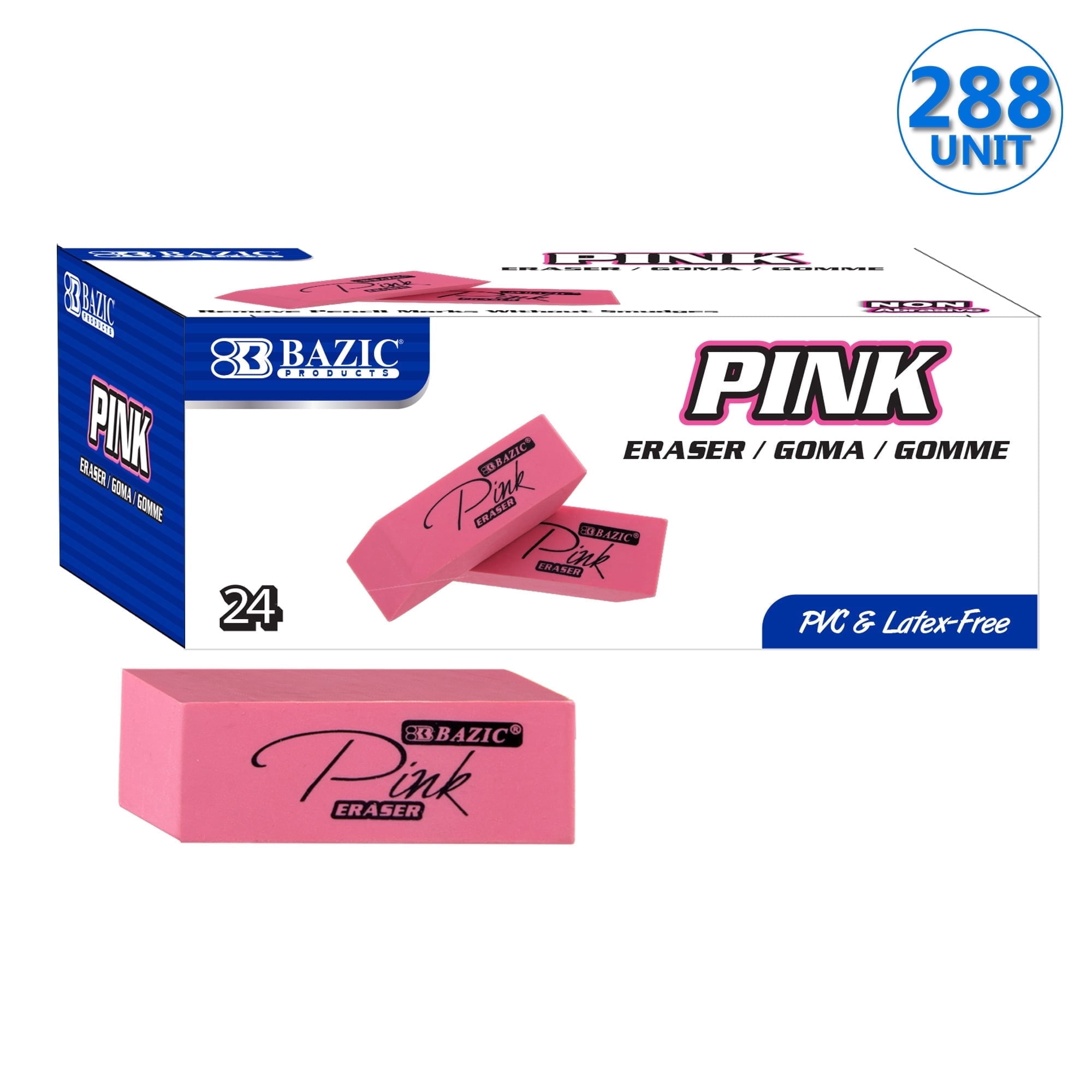 BAZIC Pink Eraser Latex Free Bevel Erasers Block Erasers, 288 Count
