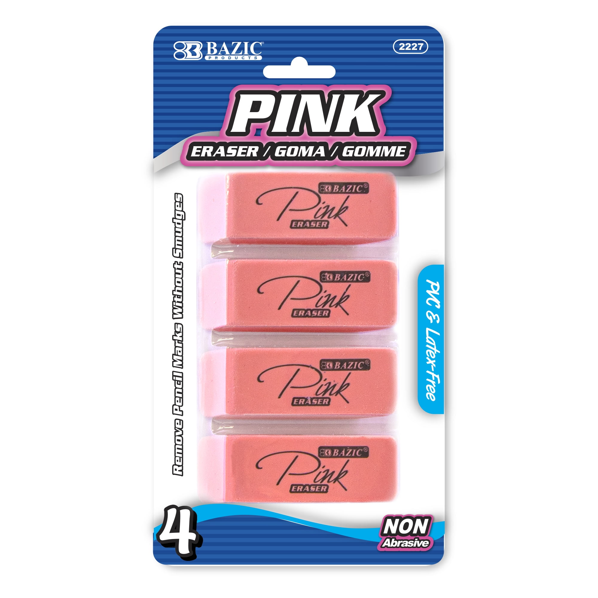 BAZIC Pink Eraser, Latex Free Bevel Erasers Block Design (4/Pack), 1