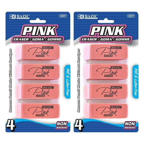 BAZIC Pink Eraser Latex Free Bevel Erasers Block Erasers (4/Pack), 2-Packs