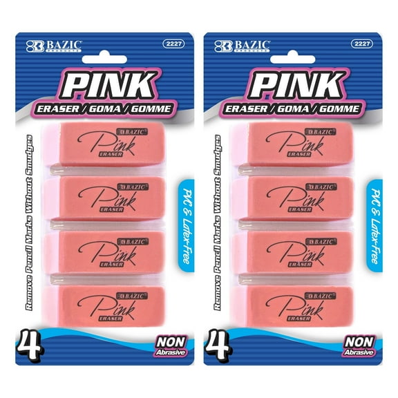 BAZIC Pink Eraser Latex Free Bevel Erasers Block Erasers (4/Pack), 2-Packs