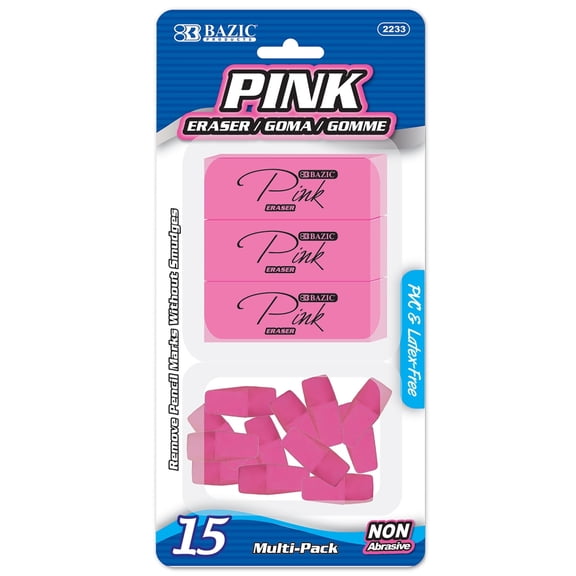 BAZIC Pink Erasers & Eraser Caps Set, Latex-Free, 15 Pieces