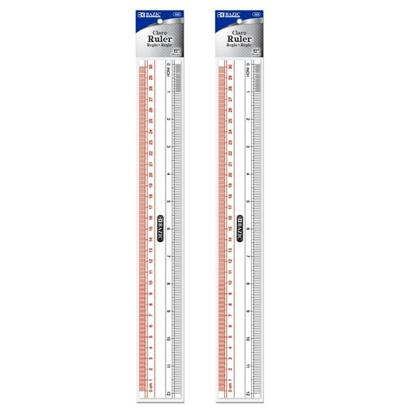 BAZIC Plastic Clear Ruler 12" (30cm), Inches Centimeter Measuring Rulers, 2-Pack