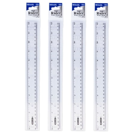 BAZIC Plastic Clear Rulers 12 inch (30cm), Inches Centimeter Metric Long Straight Edge Ruler, 4-Pack