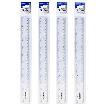 BAZIC Plastic Clear Rulers 12 inch (30cm), Inches Centimeter Metric Long Straight Edge Ruler, 4-Pack