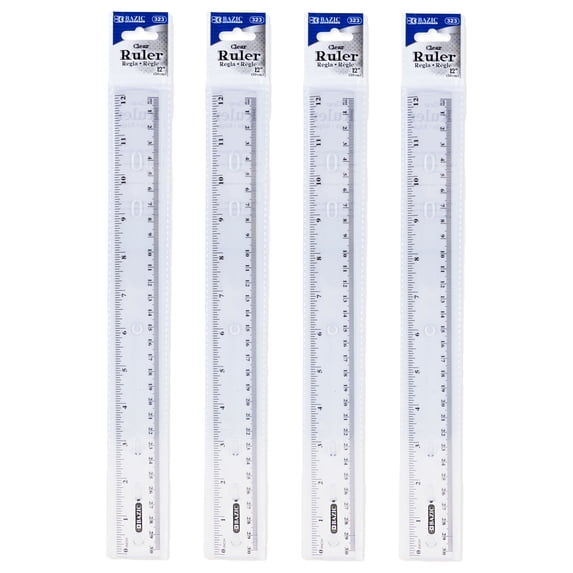 BAZIC Plastic Clear Rulers 12 inch (30cm), Inches Centimeter Metric Long Straight Edge Ruler, 4-Pack