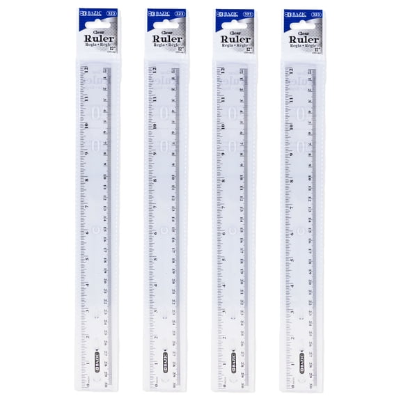 BAZIC Plastic Clear Rulers 12 inch (30cm), Inches Centimeter Metric Long Straight Edge Ruler, 4-Pack