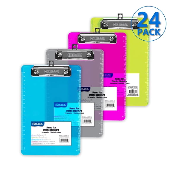 BAZIC Plastic Clipboard Memo Size 9" x 6" Low Profile Clip Board, 24-Pack