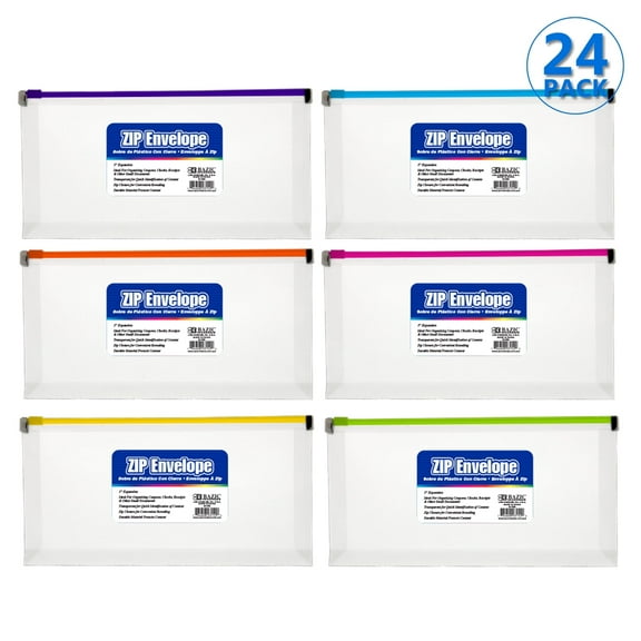 BAZIC Plastic Envelope Poly Envelopes, Letter Size Clear Folder Zip Closure, 24-Pack