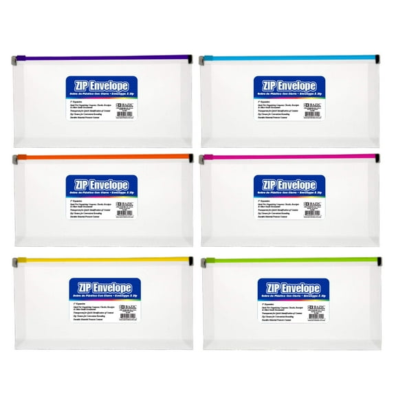BAZIC Plastic Envelope Poly Envelopes, Letter Size Clear Folder Zip Closure, 6-Pack