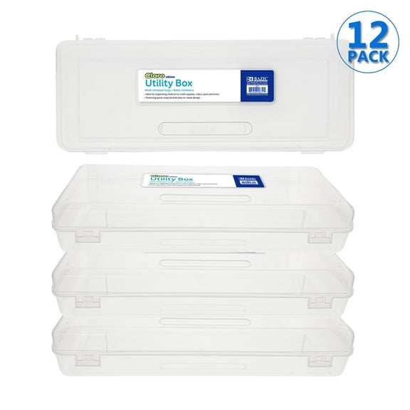 BAZIC Plastic Pencil Case, Ruler Length Utility Box, Clear Color, 12-Pack