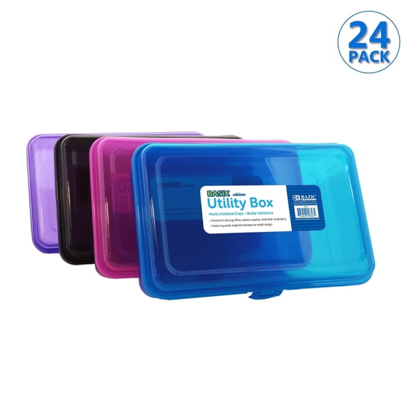BAZIC Plastic Pencil Case Utility Storage Box, Assorted Color, 24-Pack