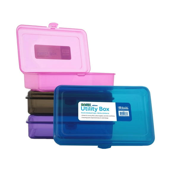 BAZIC Plastic Pencil Case Utility Storage Box, Assorted Color, 4-Pack